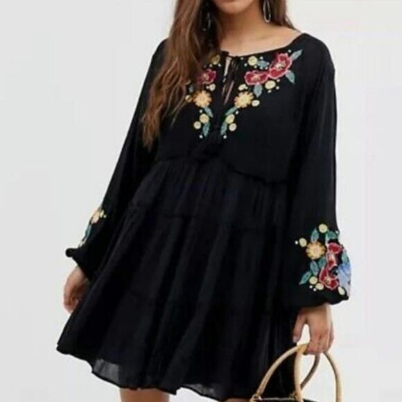 Free People Spell On You Embroidered Long Sleeve Mini Black Dress - Picture 4 of 4